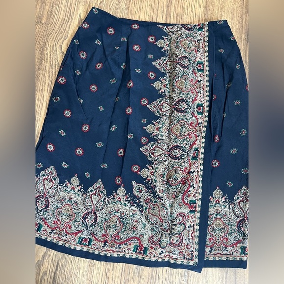 Talbots Women’s Blue Silk Faux Wrap Short Straight Skirt Size 4 Vintage - Picture 2 of 5